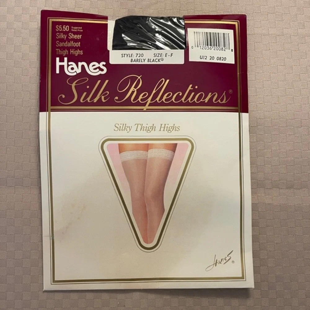 Hanes Silk Reflections Vtg Thigh High Stockings Style 720 Size E-F Barely Black.